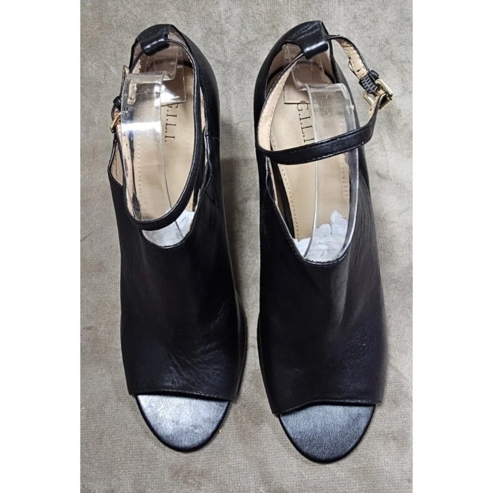 G.I.L.I. Black Leather Peep Toe Ankle Strap Block Heel Shooties Booties Womens